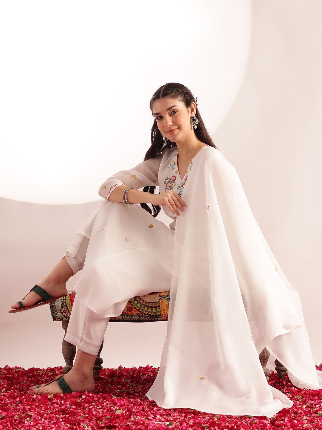 White Embroidered Solid Fit & Flare Mul Chanderi Stitched Kurta, Pant With Dupatta