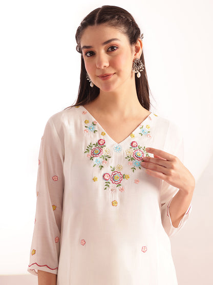 White Embroidered Solid Fit & Flare Mul Chanderi Stitched Kurta, Pant With Dupatta