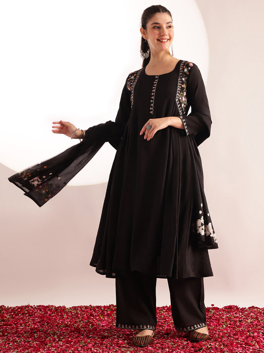 Black Embroidered, Solid Fit & Flare Mul Chanderi Stitched Kurta, Palazzo With Dupatta