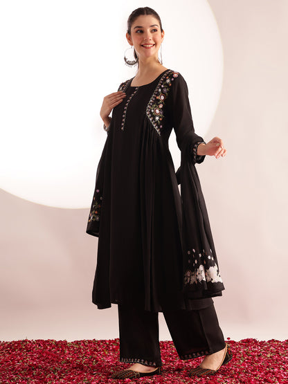Black Embroidered, Solid Fit & Flare Mul Chanderi Stitched Kurta, Palazzo With Dupatta