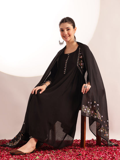Black Embroidered, Solid Fit & Flare Mul Chanderi Stitched Kurta, Palazzo With Dupatta