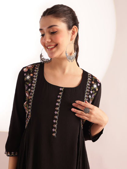 Black Embroidered, Solid Fit & Flare Mul Chanderi Stitched Kurta, Palazzo With Dupatta