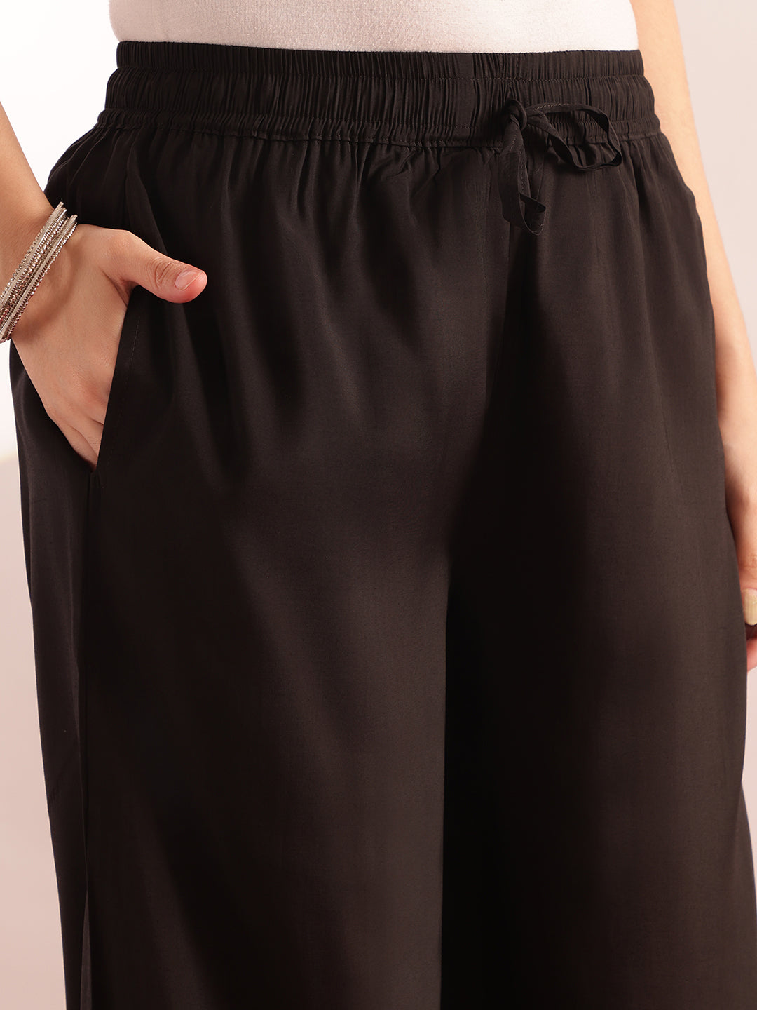 Black Embroidered, Solid Fit & Flare Mul Chanderi Stitched Kurta, Palazzo With Dupatta