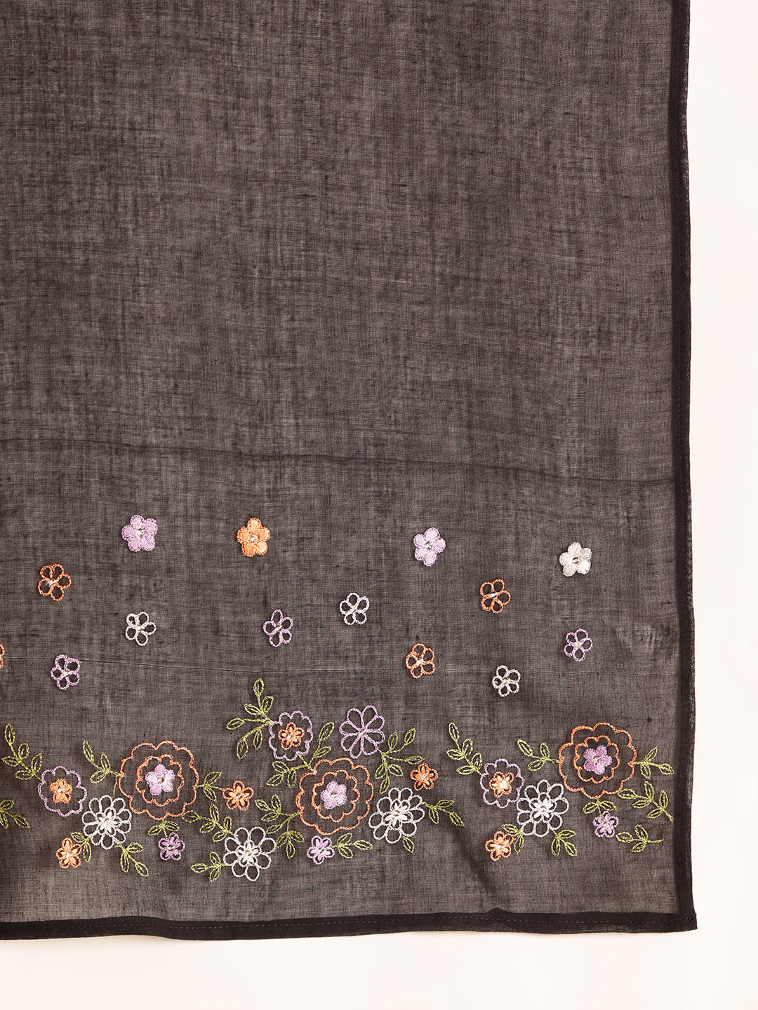 Black Embroidered, Solid Fit & Flare Mul Chanderi Stitched Kurta, Palazzo With Dupatta