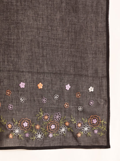 Black Embroidered, Solid Fit & Flare Mul Chanderi Stitched Kurta, Palazzo With Dupatta