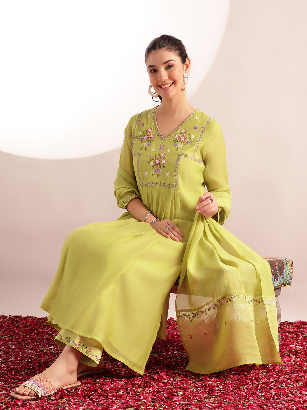 Parrot Embroidered-Solid Straight Mul Chanderi Stitched Kurta, Palazzo With Dupatta