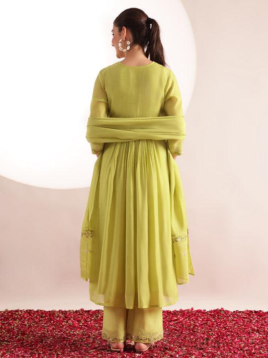 Parrot Embroidered-Solid Straight Mul Chanderi Stitched Kurta, Palazzo With Dupatta