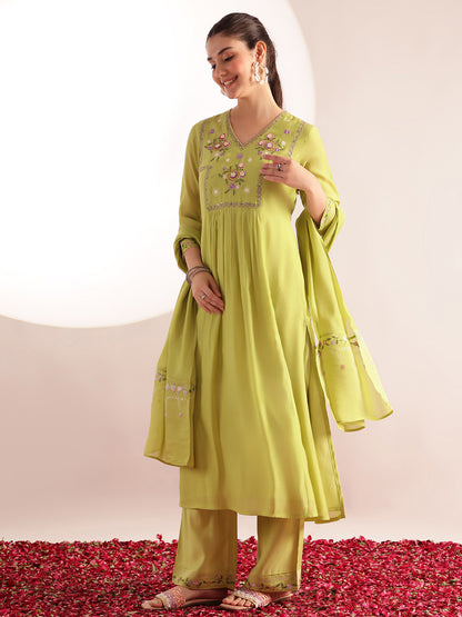 Parrot Embroidered-Solid Straight Mul Chanderi Stitched Kurta, Palazzo With Dupatta