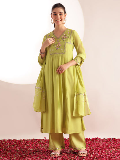 Parrot Embroidered-Solid Straight Mul Chanderi Stitched Kurta, Palazzo With Dupatta