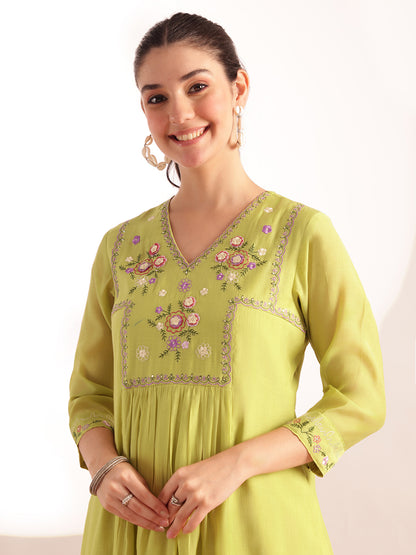 Parrot Embroidered-Solid Straight Mul Chanderi Stitched Kurta, Palazzo With Dupatta
