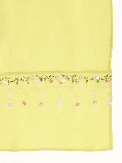 Parrot Embroidered-Solid Straight Mul Chanderi Stitched Kurta, Palazzo With Dupatta