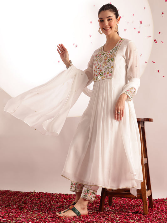 White Embroidered-Solid Fit & Flare Mul Chanderi Stitched Kurta, Pant With Dupatta
