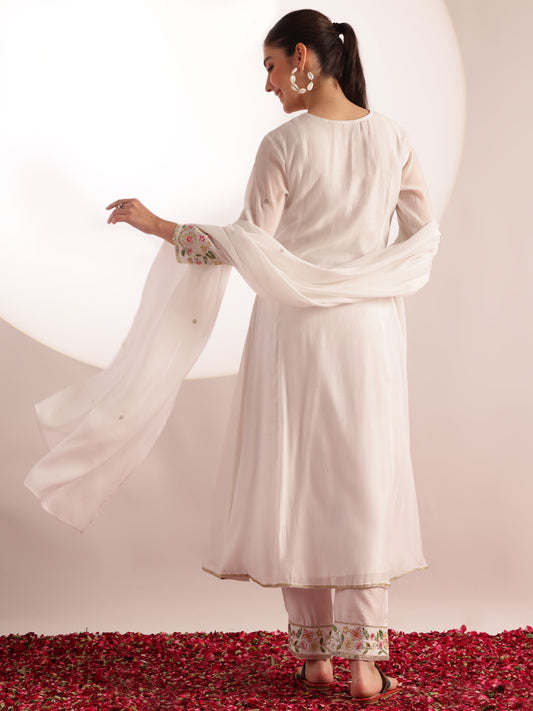White Embroidered-Solid Fit & Flare Mul Chanderi Stitched Kurta, Pant With Dupatta