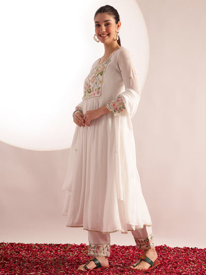White Embroidered-Solid Fit & Flare Mul Chanderi Stitched Kurta, Pant With Dupatta