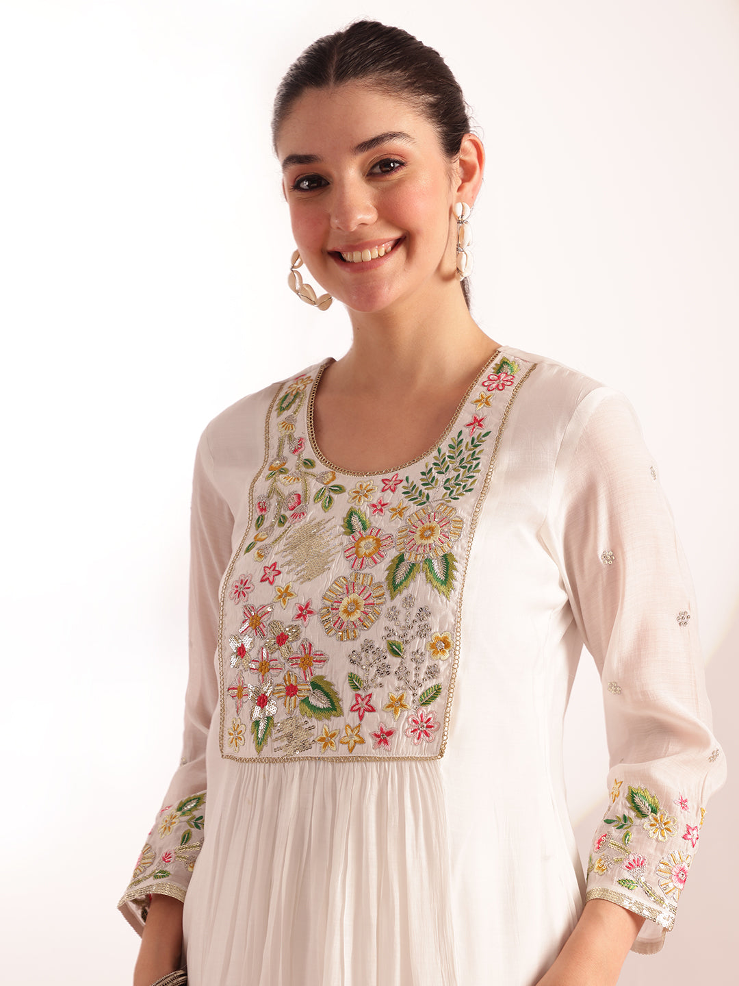 White Embroidered-Solid Fit & Flare Mul Chanderi Stitched Kurta, Pant With Dupatta
