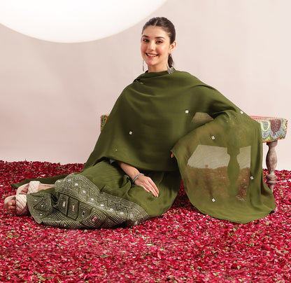 Mahendi Green Embroidered-Solid Fit & Flare Mul Chanderi Stitched Kurta, Pant With Dupatta