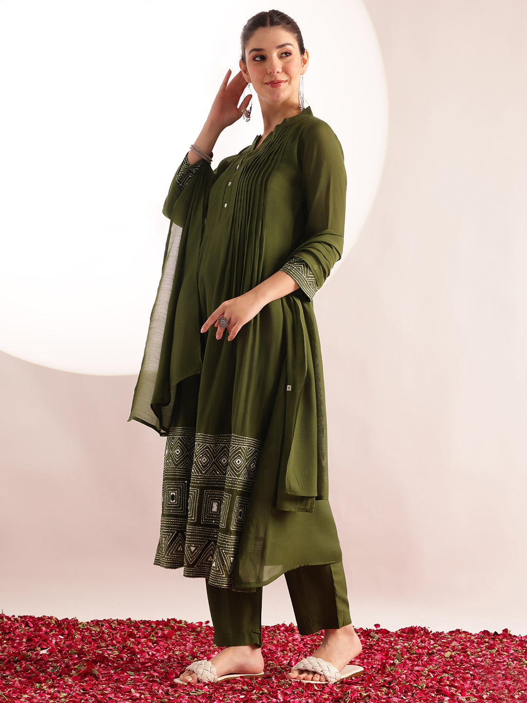 Mahendi Green Embroidered-Solid Fit & Flare Mul Chanderi Stitched Kurta, Pant With Dupatta