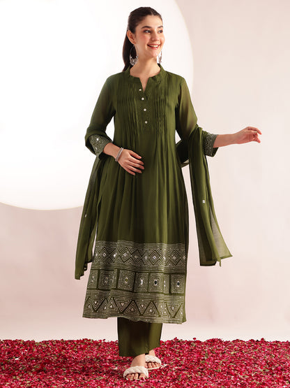 Mahendi Green Embroidered-Solid Fit & Flare Mul Chanderi Stitched Kurta, Pant With Dupatta