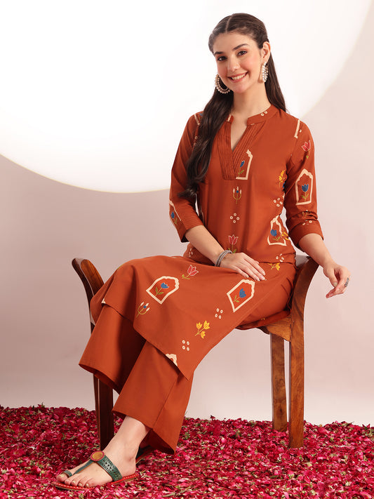 Orange Geometric Print Straight Cotton Kurta, Palazzo