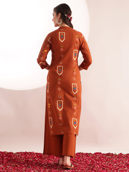 Orange Geometric Print Straight Cotton Kurta, Palazzo