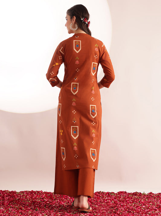 Orange Geometric Print Straight Cotton Kurta, Palazzo