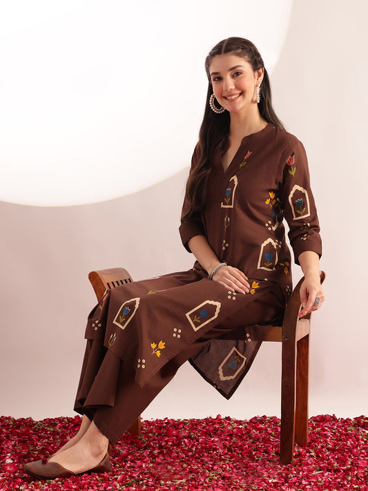 Brown Geometric Print Straight Cotton Kurta, Palazzo