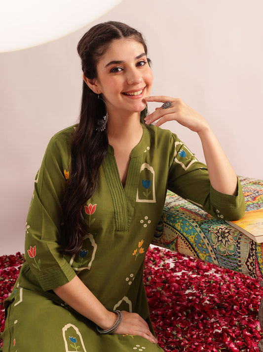 Mahendi Green Geometric Print Straight Cotton Kurta, Palazzo