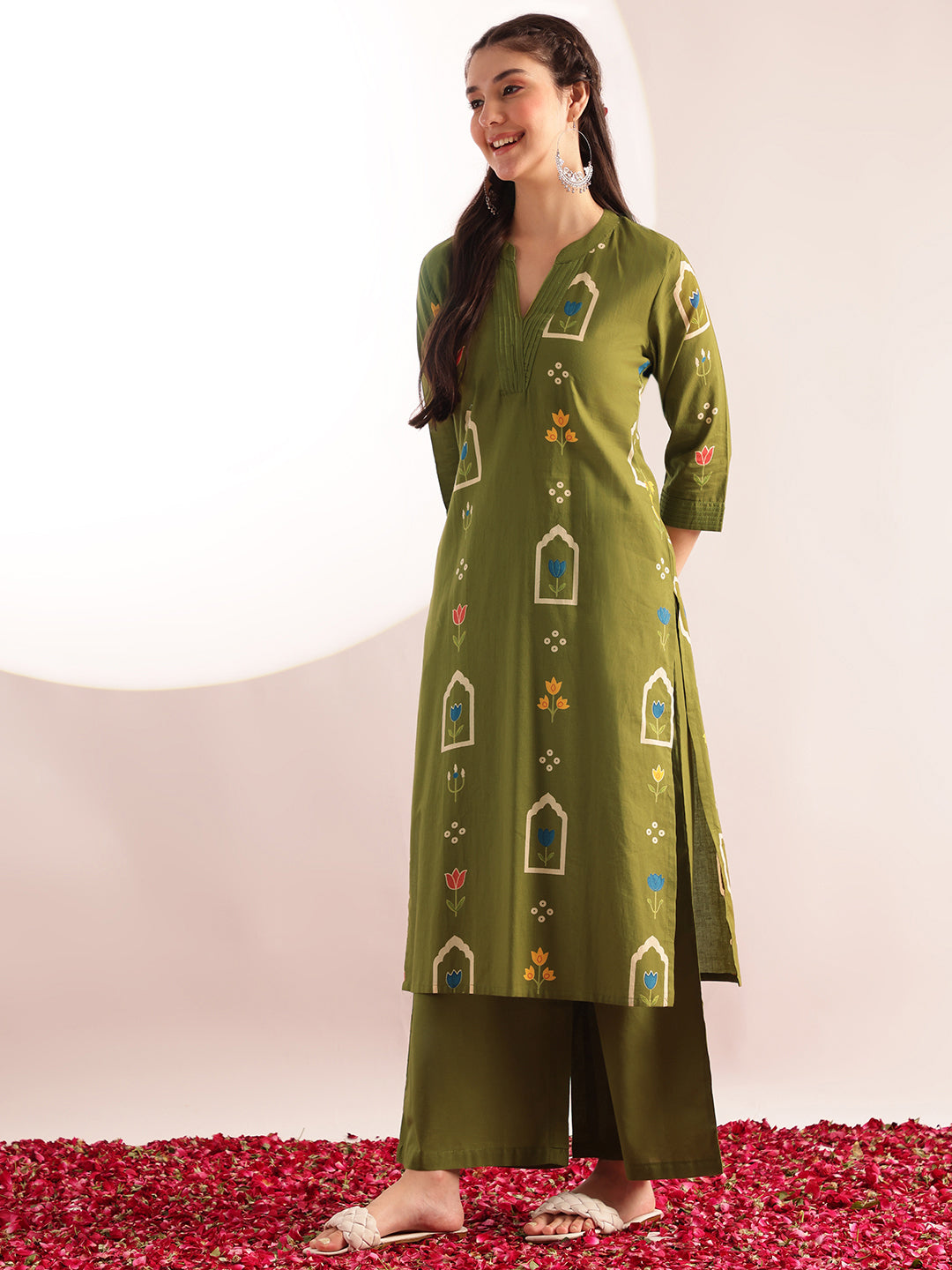 Mahendi Green Geometric Print Straight Cotton Kurta, Palazzo