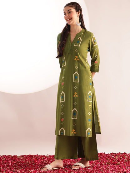 Mahendi Green Geometric Print Straight Cotton Kurta, Palazzo