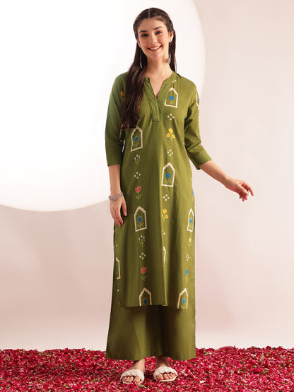 Mahendi Green Geometric Print Straight Cotton Kurta, Palazzo