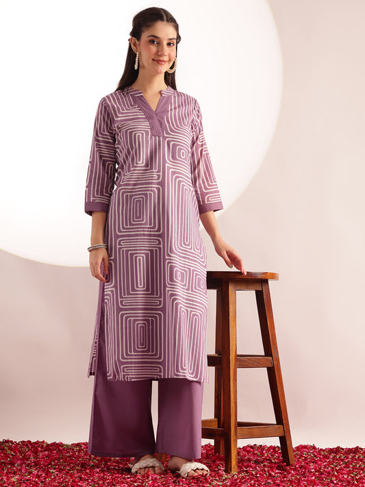 Lavender Geometric Print Straight Cotton Kurta, Palazzo