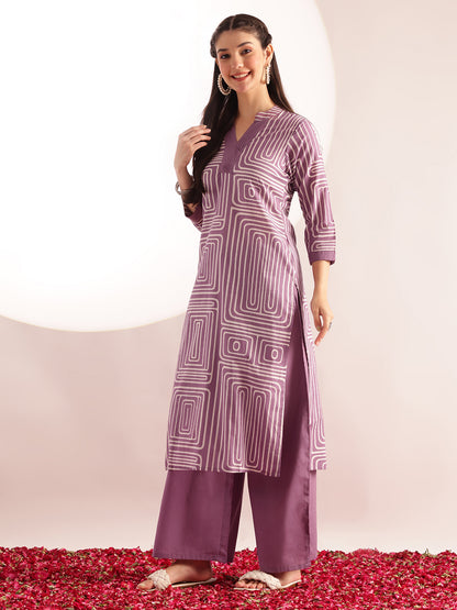 Lavender Geometric Print Straight Cotton Kurta, Palazzo