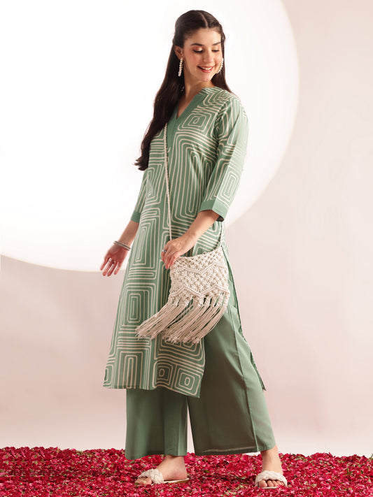 Mint Green Geometric Print Straight Cotton Kurta, Palazzo