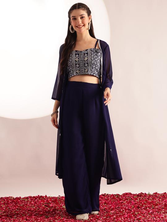 Blue Embroidered Solid Straight Georgette Stitched Crop Top, Plazzo with Shrug