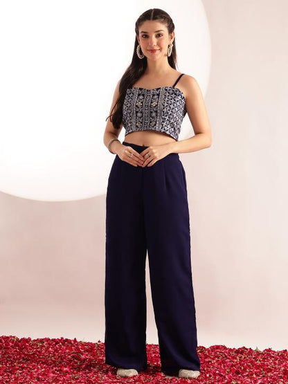 Blue Embroidered Solid Straight Georgette Stitched Crop Top, Plazzo with Shrug