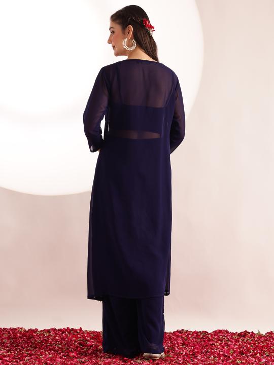 Blue Embroidered Solid Straight Georgette Stitched Crop Top, Plazzo with Shrug