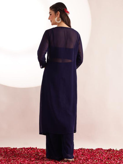 Blue Embroidered Solid Straight Georgette Stitched Crop Top, Plazzo with Shrug