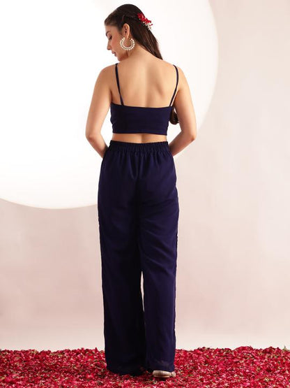 Blue Embroidered Solid Straight Georgette Stitched Crop Top, Plazzo with Shrug