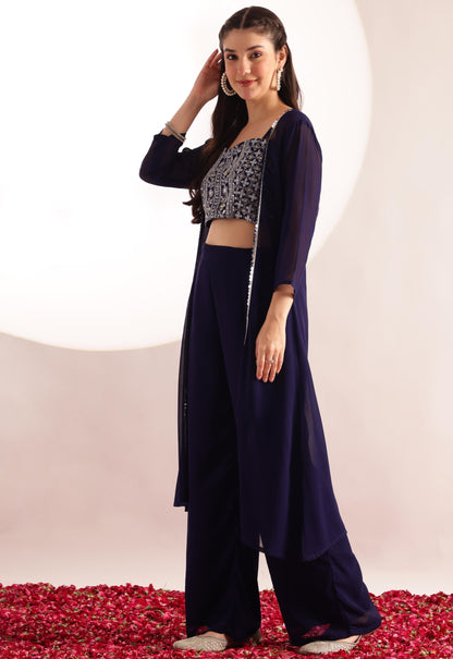 Blue Embroidered Solid Straight Georgette Stitched Crop Top, Plazzo with Shrug