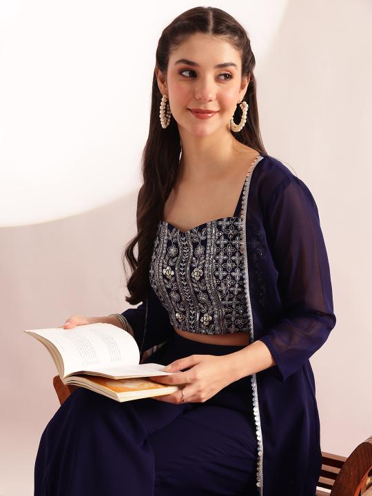 Blue Embroidered Solid Straight Georgette Stitched Crop Top, Plazzo with Shrug