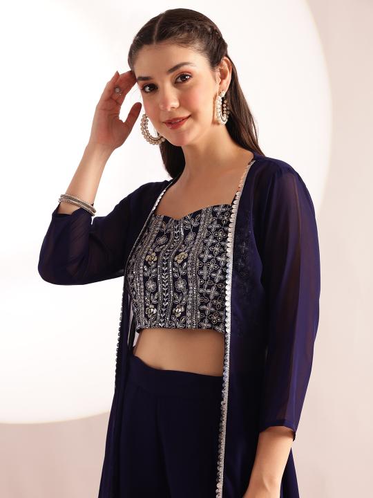 Blue Embroidered Solid Straight Georgette Stitched Crop Top, Plazzo with Shrug