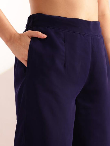 Blue Embroidered Solid Straight Georgette Stitched Crop Top, Plazzo with Shrug