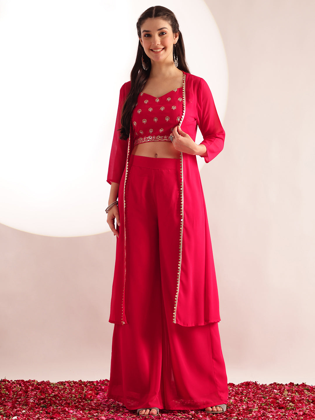 Pink Embroidered Solid Straight Georgette Stitched Crop Top, Plazzo With Shrug