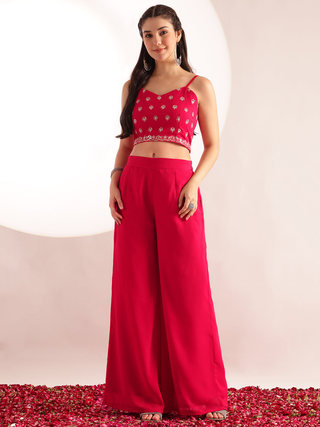 Pink Embroidered Solid Straight Georgette Stitched Crop Top, Plazzo With Shrug