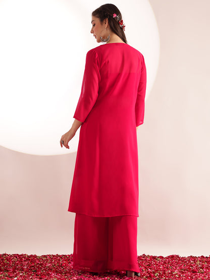 Pink Embroidered Solid Straight Georgette Stitched Crop Top, Plazzo With Shrug