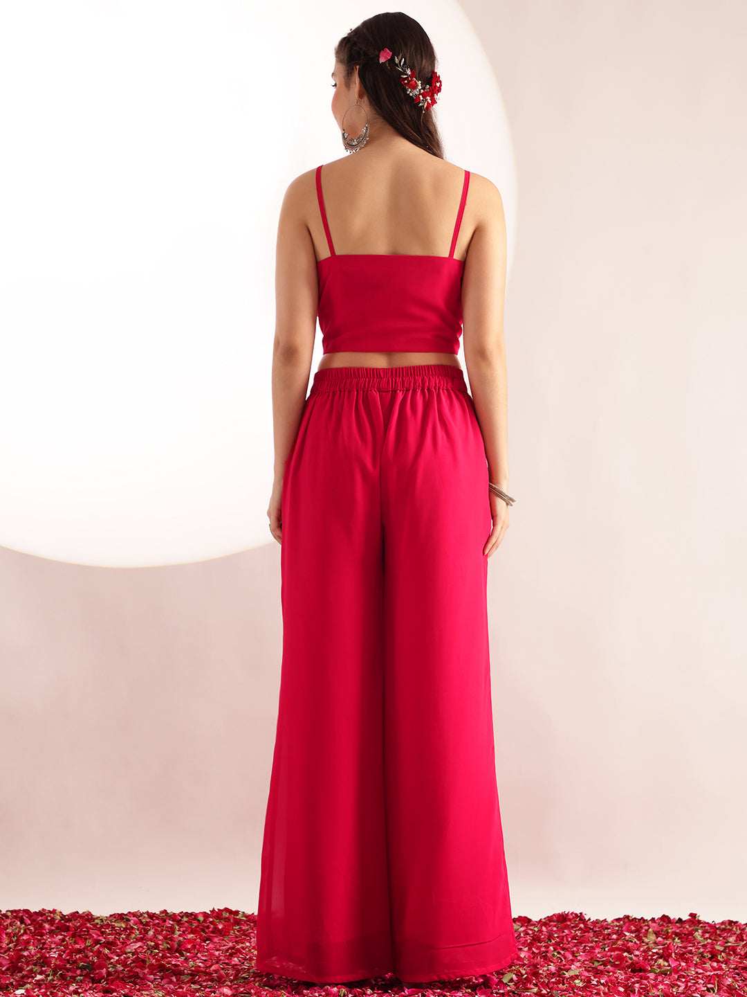 Pink Embroidered Solid Straight Georgette Stitched Crop Top, Plazzo With Shrug