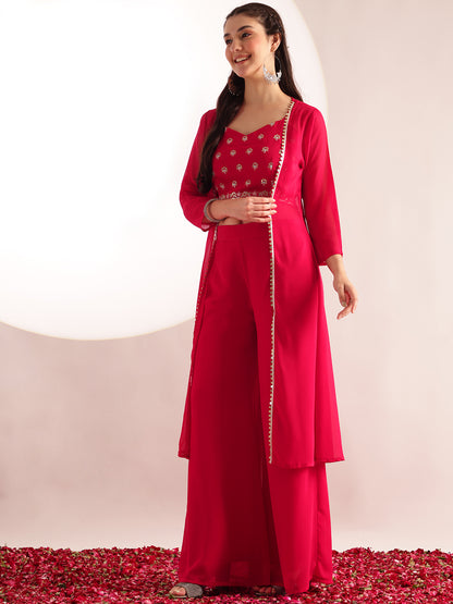 Pink Embroidered Solid Straight Georgette Stitched Crop Top, Plazzo With Shrug