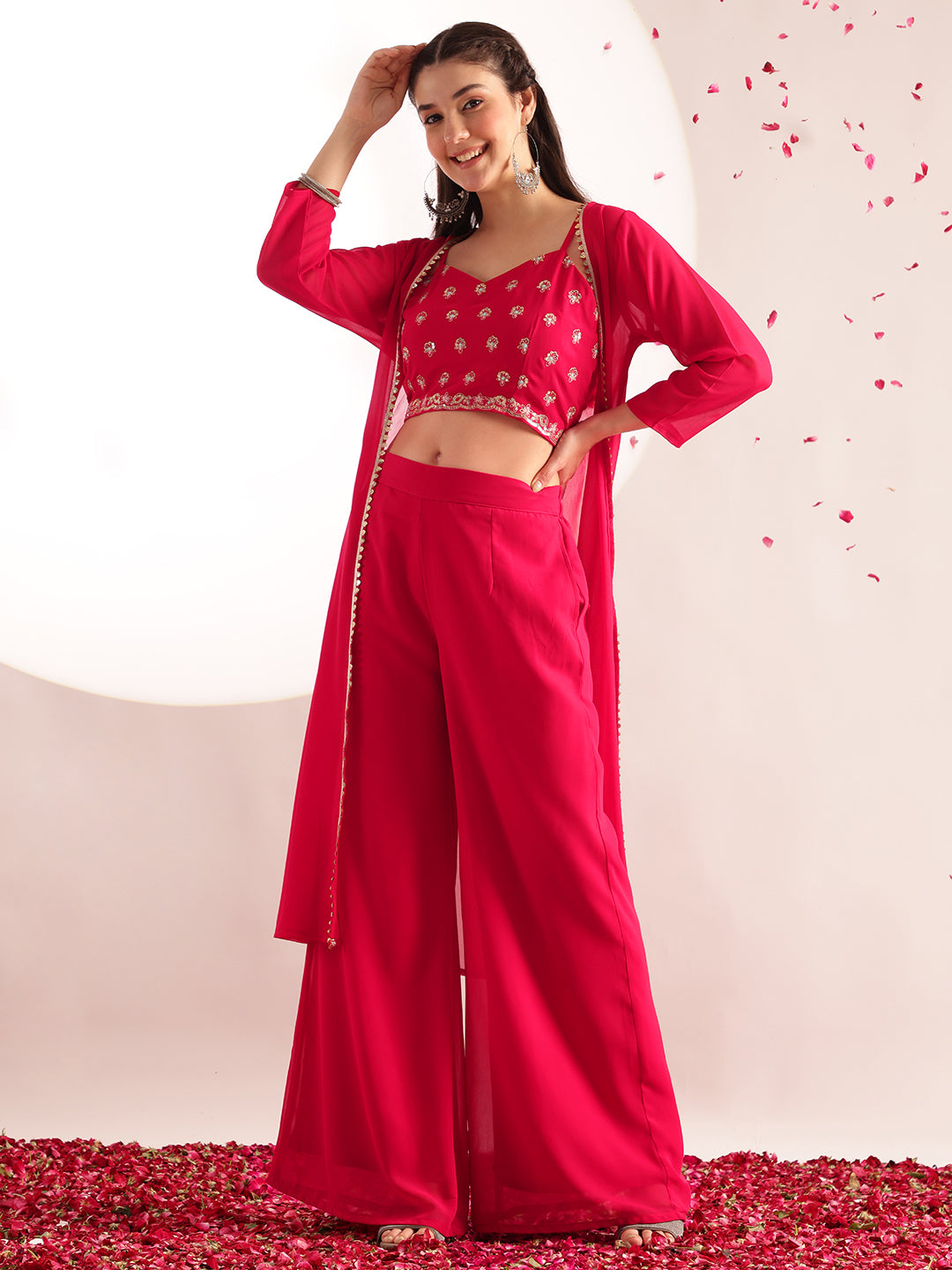 Pink Embroidered Solid Straight Georgette Stitched Crop Top, Plazzo With Shrug