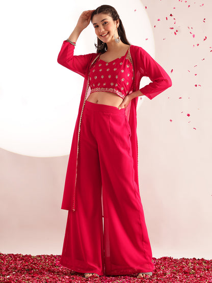 Pink Embroidered Solid Straight Georgette Stitched Crop Top, Plazzo With Shrug