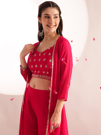 Pink Embroidered Solid Straight Georgette Stitched Crop Top, Plazzo With Shrug